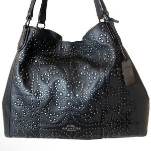 COACH EDIE Black Leather 3 Section Studded Shoulder Bag w Turn Lock Zipper NWOT